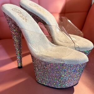 Pleaser 7" Adore #701- Silver Multi-Glitter Slides - Size 9